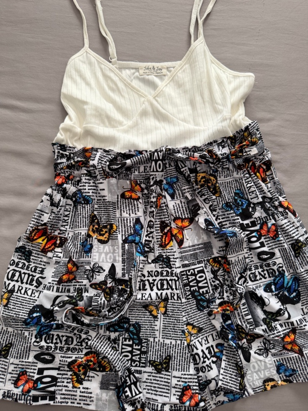 Jolie & Joy White Ribbed Cami with Butterfly Print Paperbag Romper